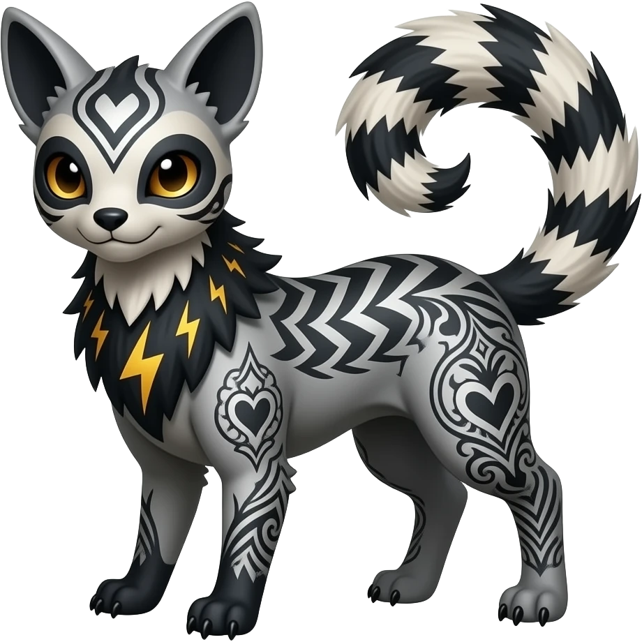 scaly spunky gothic Realistic tall slim unique original shiny edgy cool fantasy-Civet-Absol-Sprigatito-Vaporeon-Fakémon-hybrid with tribal chevron heart floral lightning bolt strikes damask paisley markings emoji
