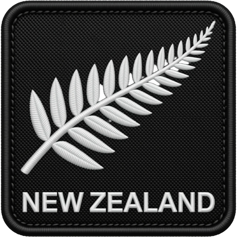 silver fern white on black embroidery with text below- 'NEW ZEALAND' emoji