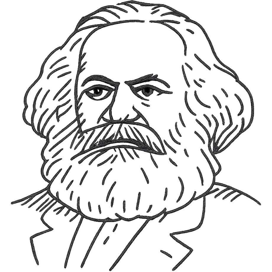 a black outline portrait of Karl Marx based on a famous portrait of him ...