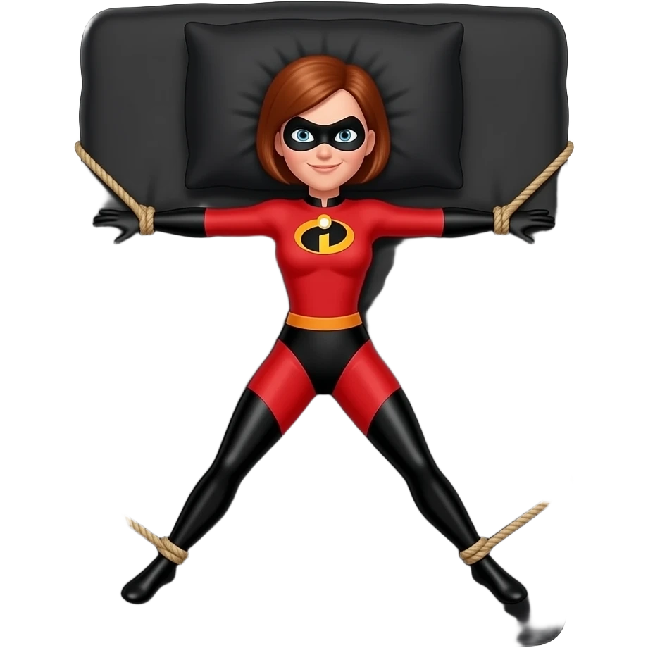 Helen Parr, Mrs. Incredible, Elastigirl, Tied to an all  black bed with a black pillow, legs and arms spread, tied to the corners of the bed emoji