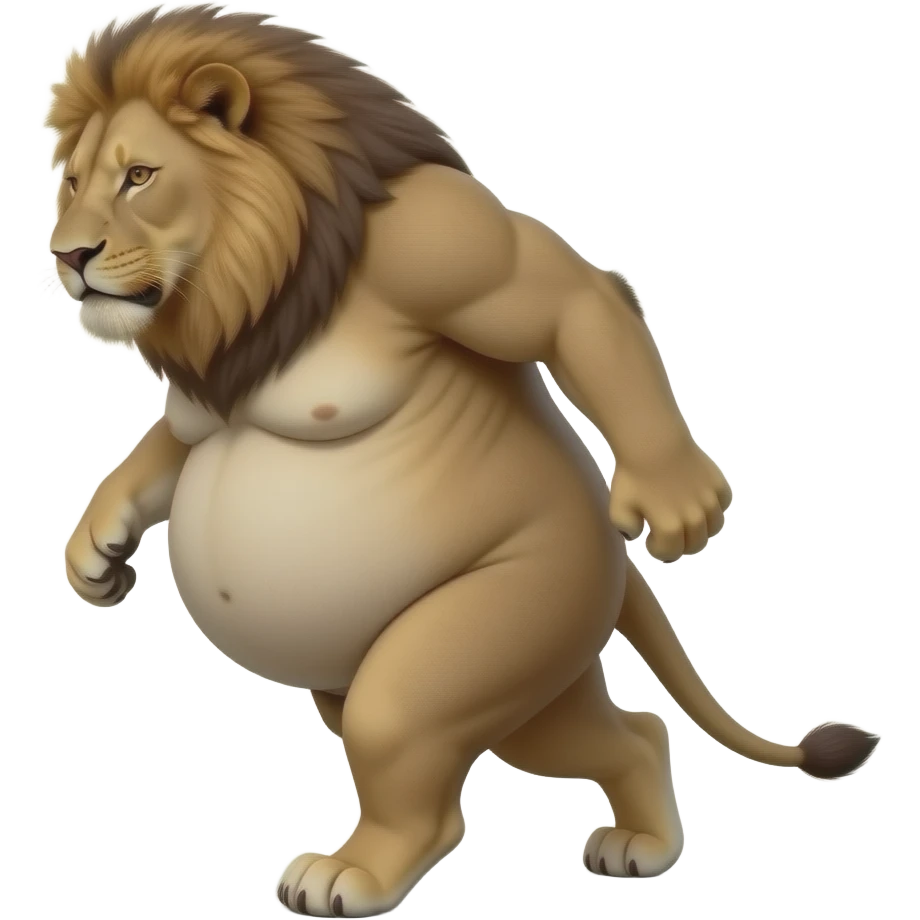 A reality lioness,trying to walk normally,but her huge overstuffed tummy rolls side to side,the lioness ate way too much,she became so fat,she has the biggest pot belly. emoji
