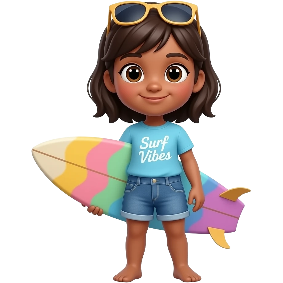 A cute cartoon 3D render of a young girl with dark hair and brown skin, wearing a light blue t-shirt with "Surf Vibes" printed on it, denim shorts, and sunglasses perched on her head. She is standing and holding a colorful surfboard with pastel waves. The background is plain white. emoji