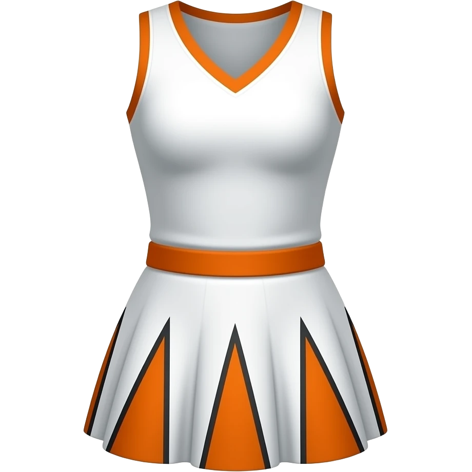 She is wearing a white cheerleader uniform with prominent orange accents. The top is a sleeveless tank style with a V-neck and  thin orange band circles the waist area. The skirt is short, pleated, and features a geometric pattern of orange triangles alternating with white sections emoji