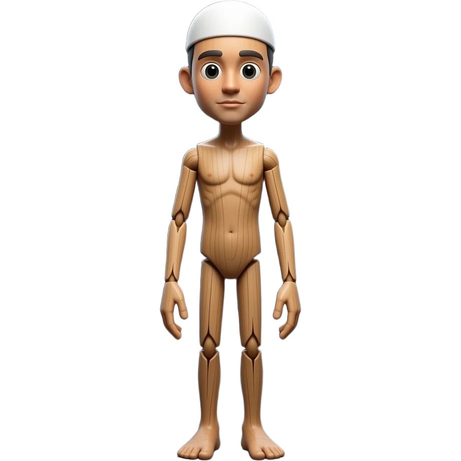 Tung Tung Tung Sahur  A surreal 3d character designed to resemble a humanoid wooden long stick, standing barefoot in a dark photography studio emoji