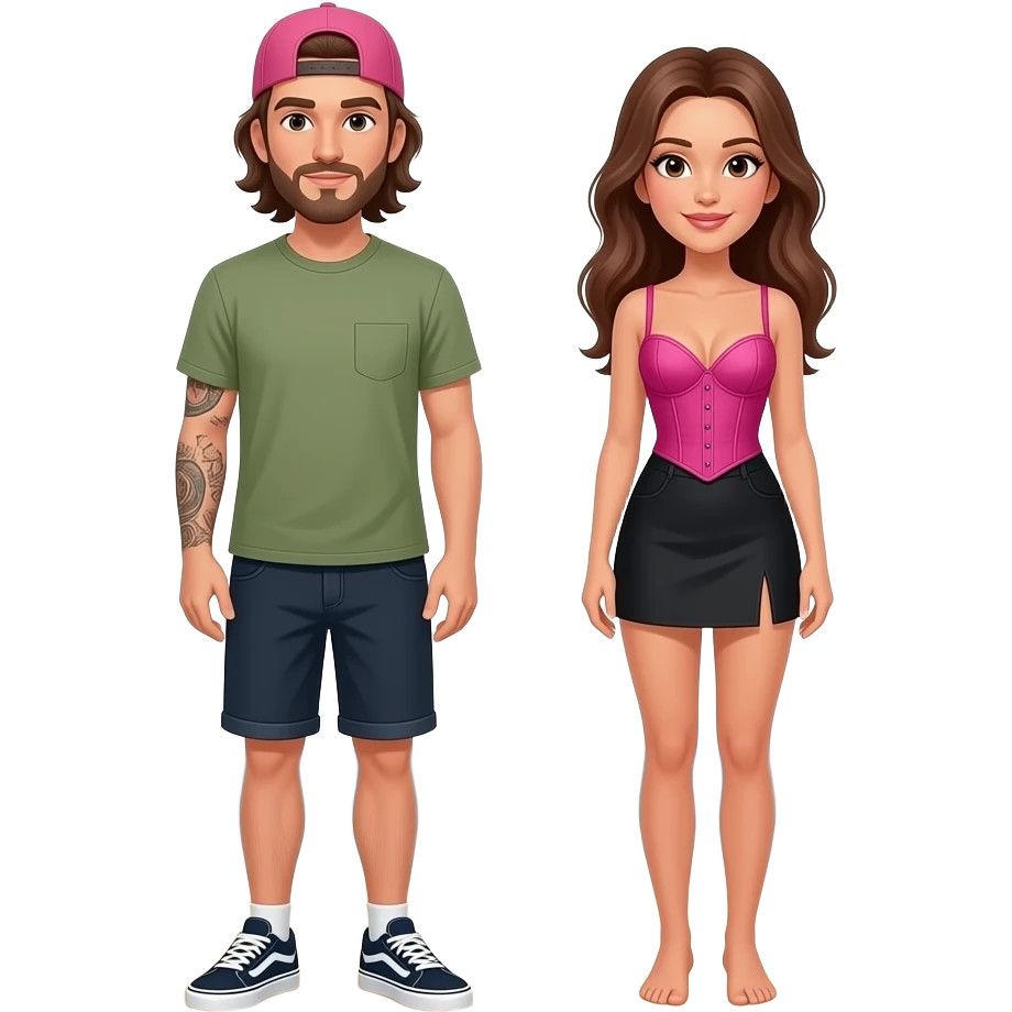 Pop up vêtements"Hoods" sur la plage. Homme cheveux mi long et bras droit couvert de tatouages. Il a Vans et casquette von dutch rose et marron. Petite femme brune cheveux long. Jupe courte noire et bustier rose fushia emoji