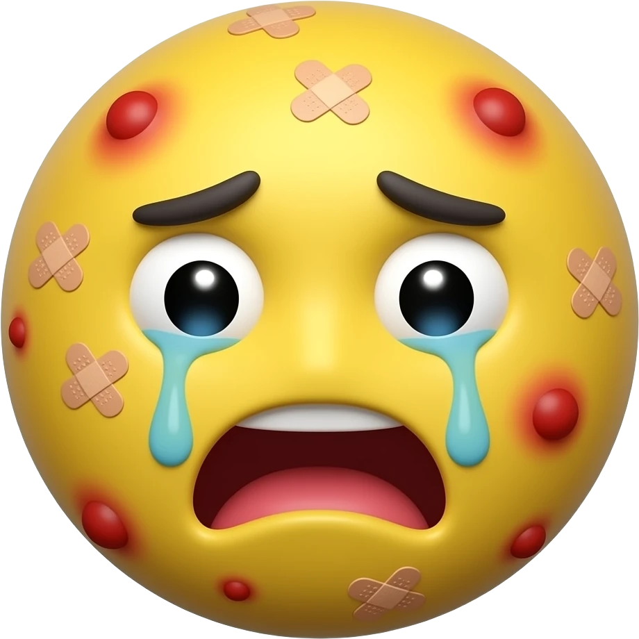 Apple emoji style of a distressed yellow circle emoji face with red ...