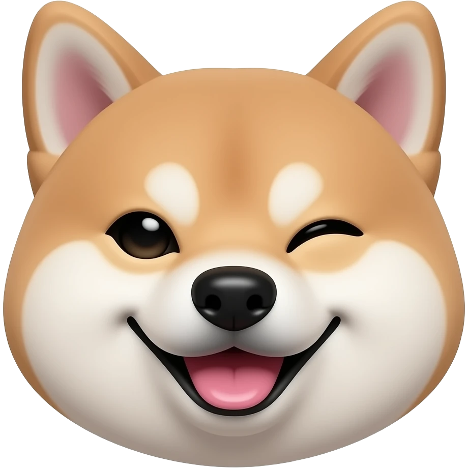 sly Shiba emoji with half‑smile, one brow raised (asymmetrical), eyes half‑closed, palette: pale pink face, charcoal details, white highlight on lips, understated glossy sheen, slightly tilted head to convey irony, high clarity lines, 1024x1024, negative: ambiguous expression. emoji