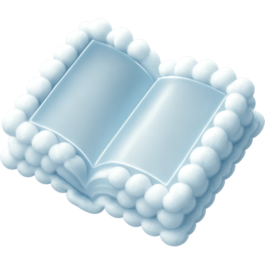 top view of a thick open book made entirely of small, very bright white fluffy convex clouds, matte glass style emoji