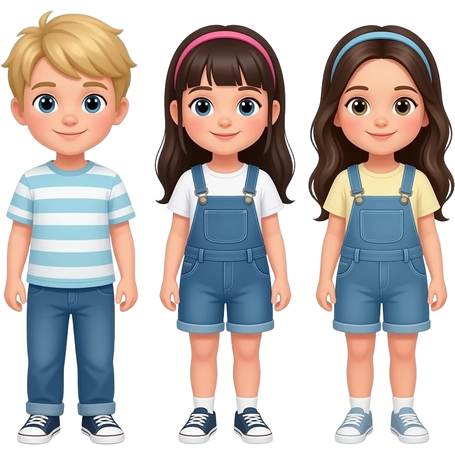 A triplets emoji with 2 girls and one boy, standing next to eachother. The boy has blonde hair. There are no headbands or overalls, and the girls hairs are long. emoji