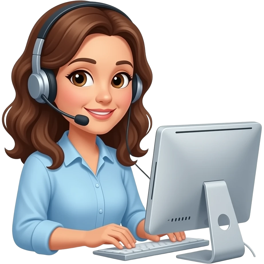 middle-aged woman with medium length brown wavy hair, listening on headset while working on computer emoji