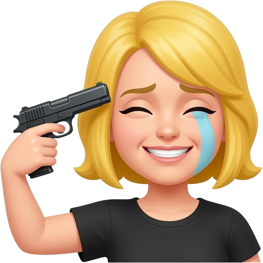 yellow female emoji painful smile 😃 with holding 🔫 to side of head emoji