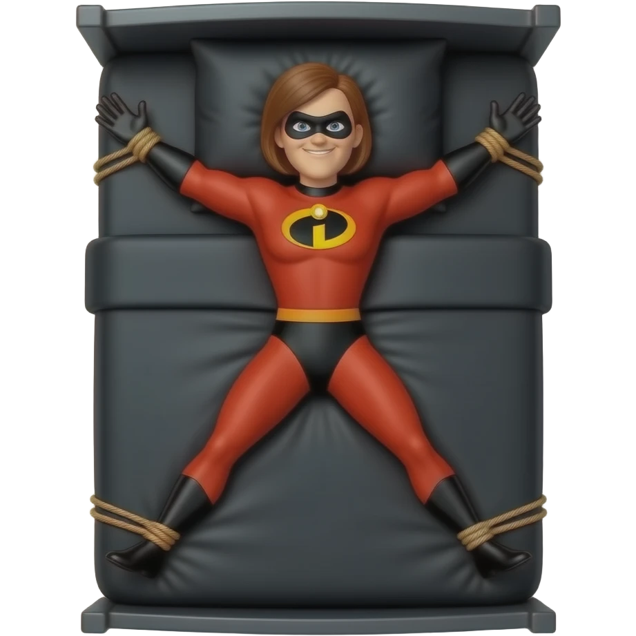 Violet Parr, The Incredibles, Tied to a black bed with black pillows, legs and arms spread, tied to the corners of the bed, Red suit emoji