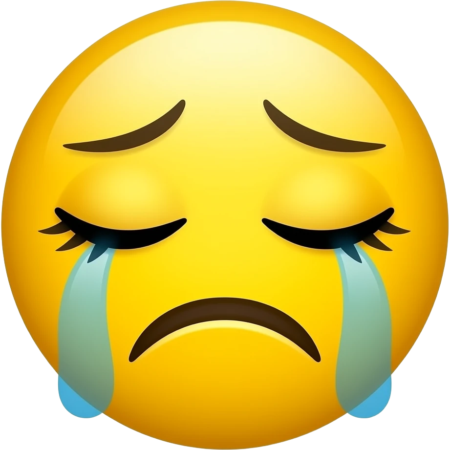 Создай смайлик плачущий желтый 😭 с ресницами и тушью emoji