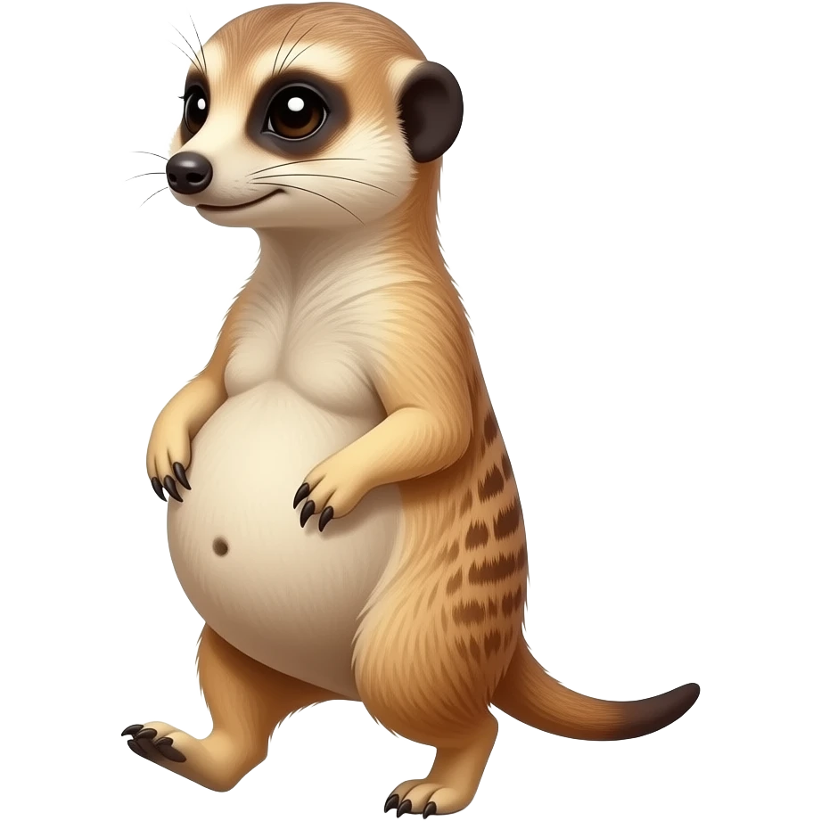 A female Meerkat now wants to give a try to walk,but with her full belly so big she has to hold it up off the ground,it is a guessing game if she is gonna all the way home ,but she knows she is just fat,her bellybutton makes agreement with clues. emoji
