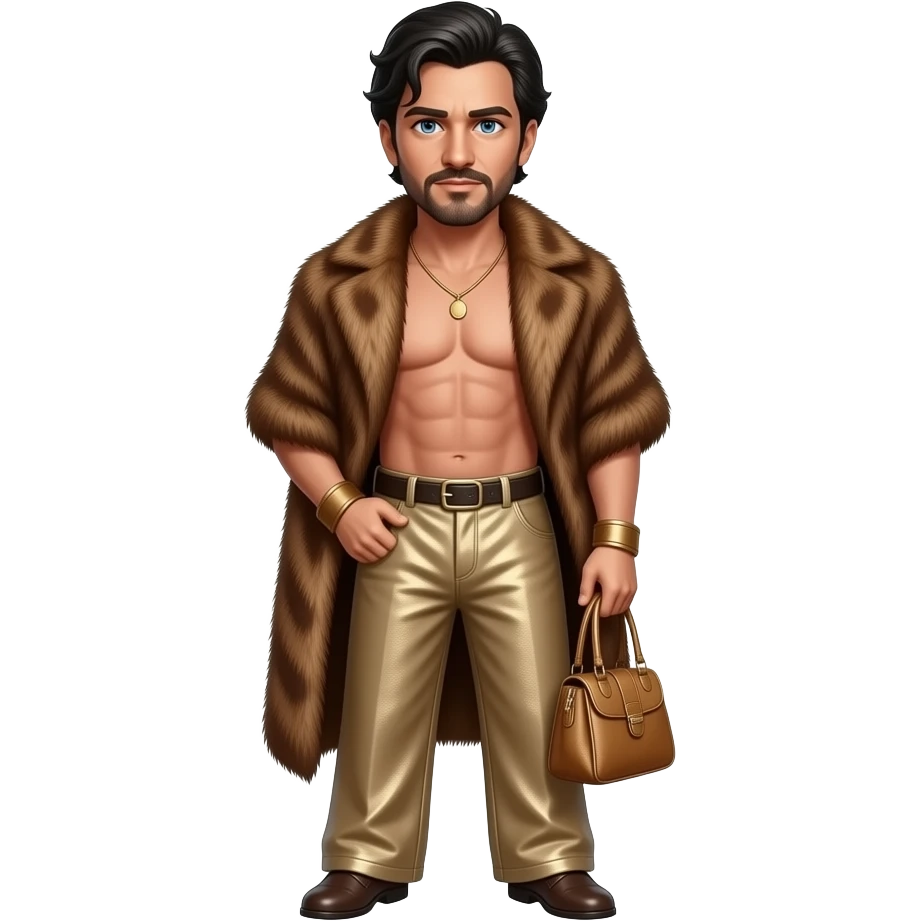 Oliver Reed with blue eyes, black hair, bronze fur shawl, tan metallic baggy pants, shirtless with necklace emoji