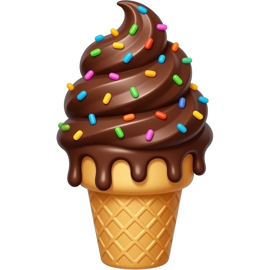 chocolate ice cream in cone with sprinkles and sauce emoji