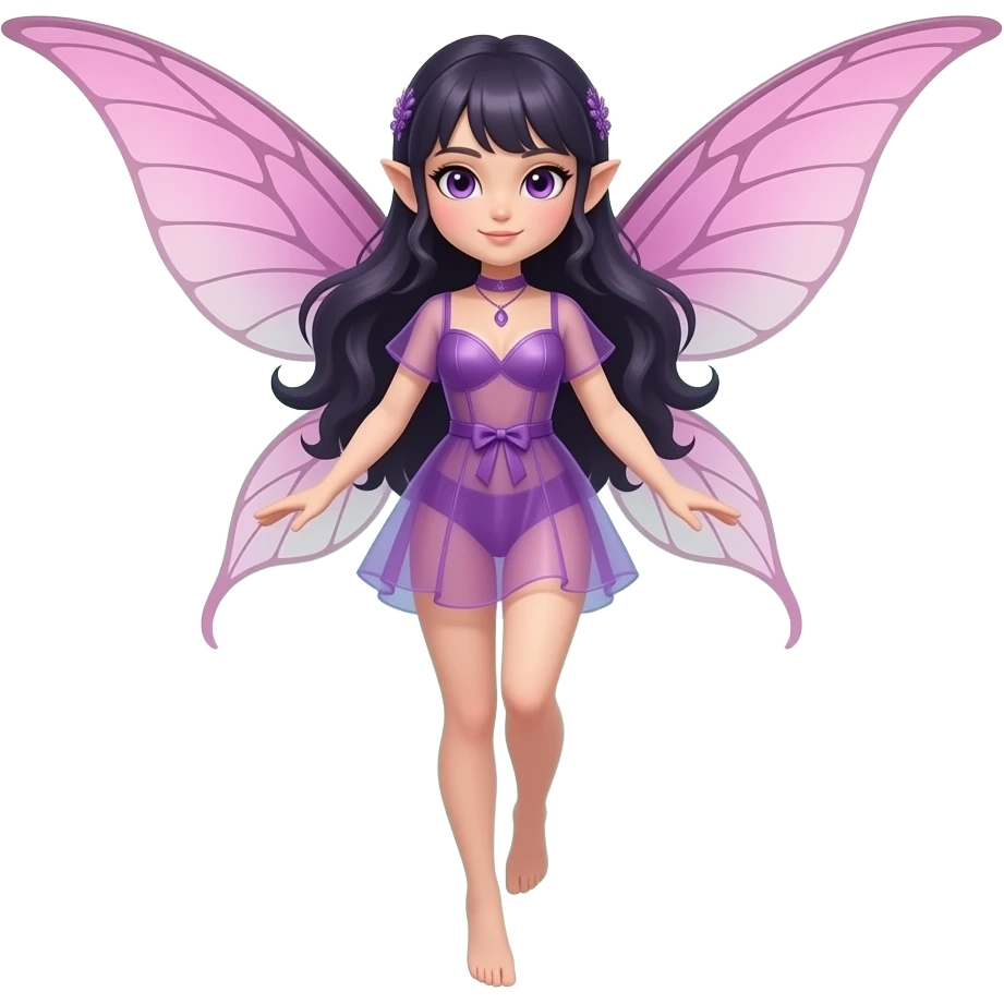 A beautiful faerie with pink wings, long dark hair, purple eyes, in a short sheer see-through purple outfit. Highly detailed, realistic, (full body) hovering in the air emoji