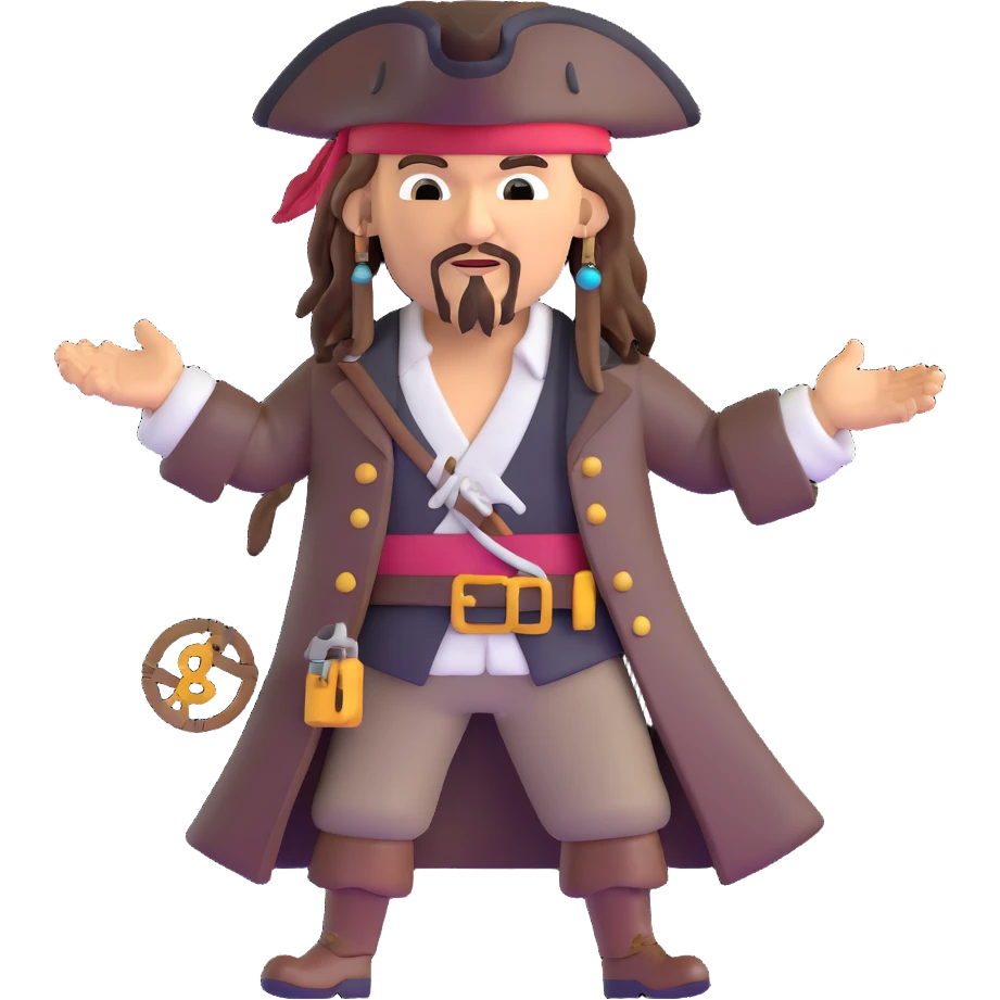 Captain Jack Sparrow as a serious coder with code symbols floating around emoji
