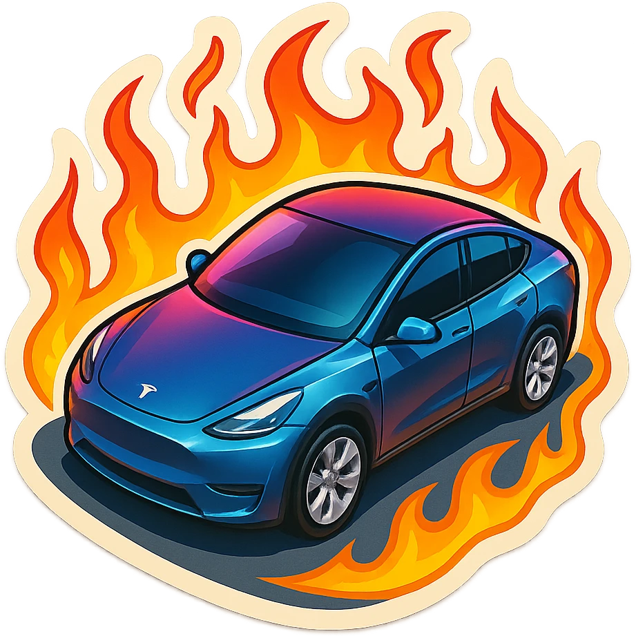 A Tesla Model Y parking in a driveway, from above, with fire around emoji