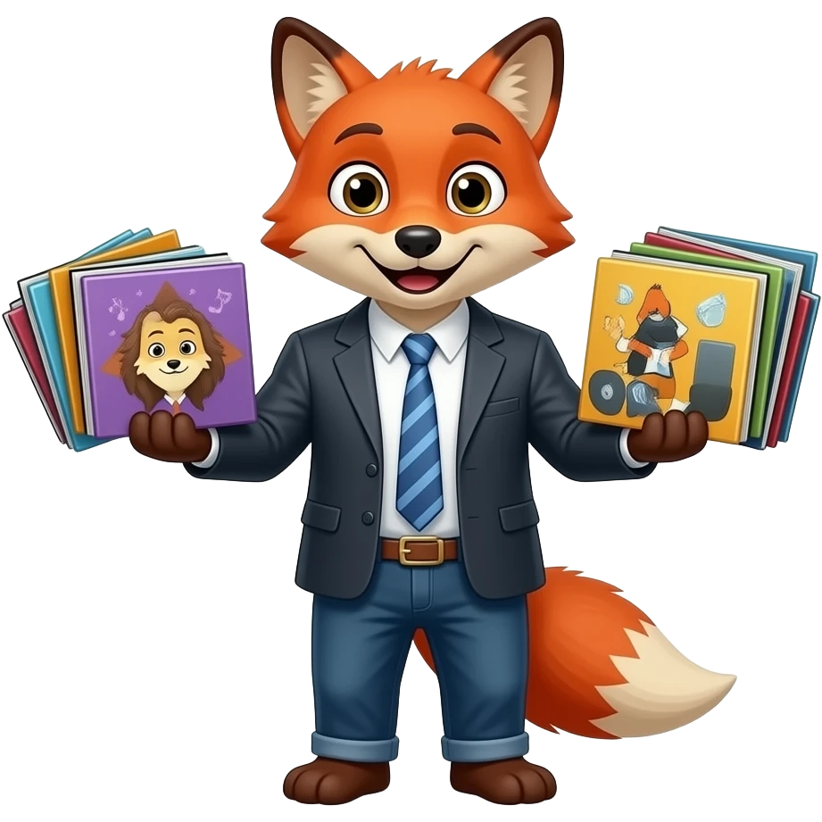 rocky fox with rock music albums in his hands emoji
