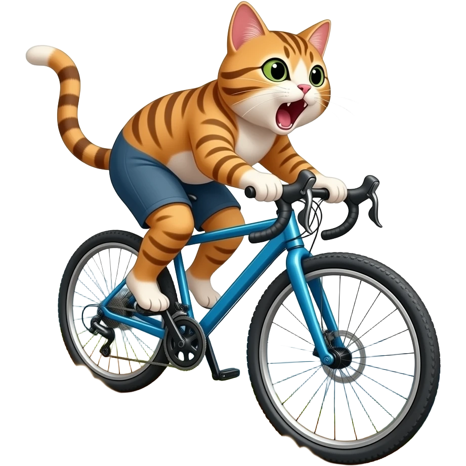 A pussy Cyling down the Hill Mountains in background, paws off the pedals as dust spray up behind. Pussy yells "no breaks" emoji