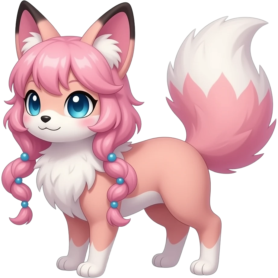 Fuzzy slim oriental feathery long-haired beaded mane cozy rosy aesthetic feathery Rosy beautiful Sylveon-Furret-Fennekin-Minccino-Espeon-Fakémon-hybrid emoji