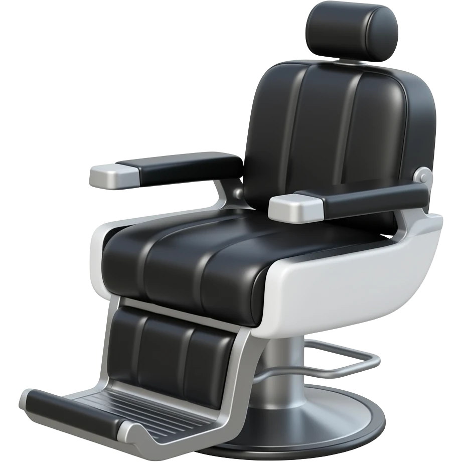 Create a cute polished 3D game icon of a barber shampoo chair with a black reclining seat and a white ceramic wash basin behind the headrest. Rounded shapes, glossy leather texture, clean salon style, soft shadows, centered on transparent background. No person, no hair, no text, no logo. emoji