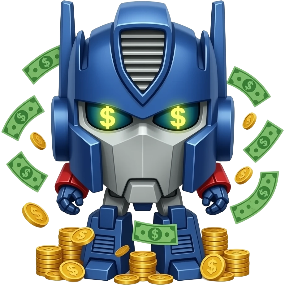 Optimus Prime on Cybertron, dollar signs in his eyes, gold and cash floating around, hyper-detailed, 8k. dollars green emoji