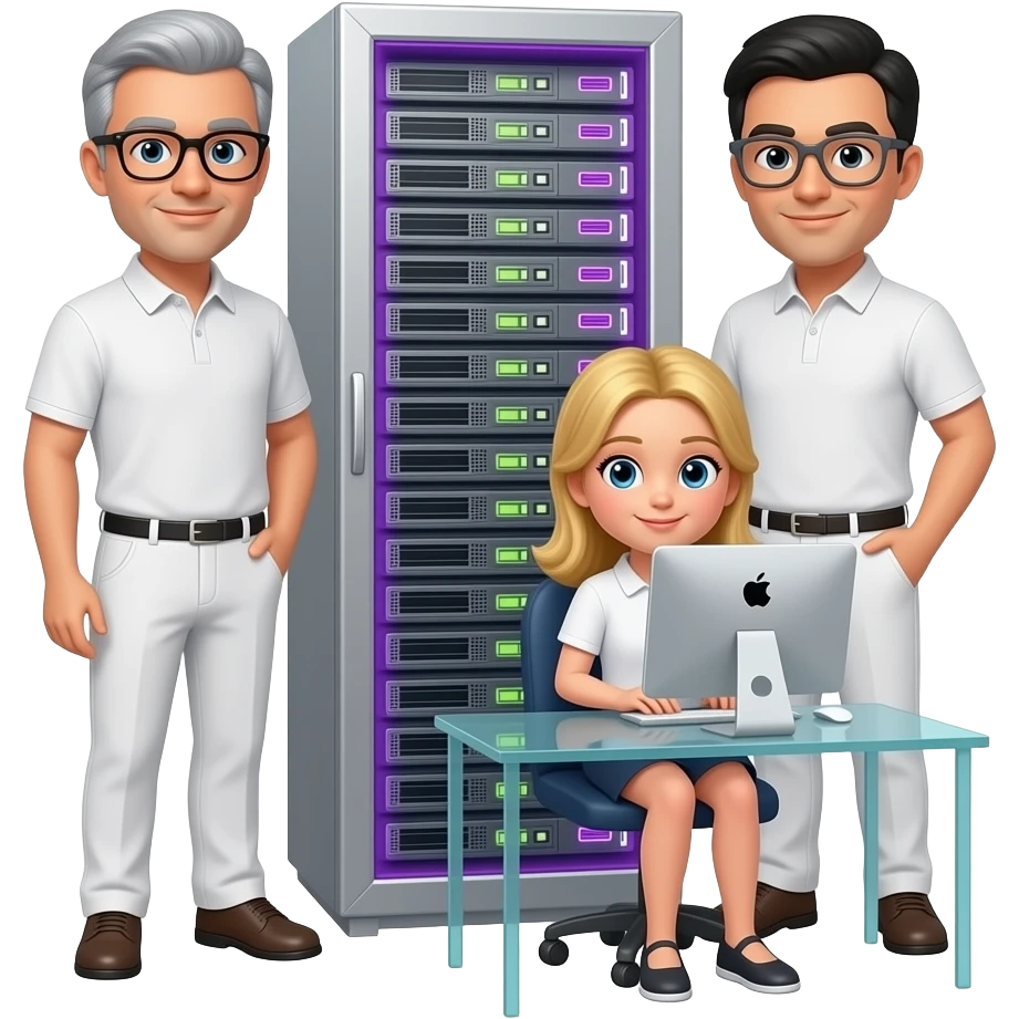 background is a silver server cabinet with purple backlighting, in the foreground is a glass table and an imac computer, two men are standing, gray hair, black glasses, black hair, gray glasses, dressed in white pants and a polo shirt, a blonde girl is sitting at the table, emoji