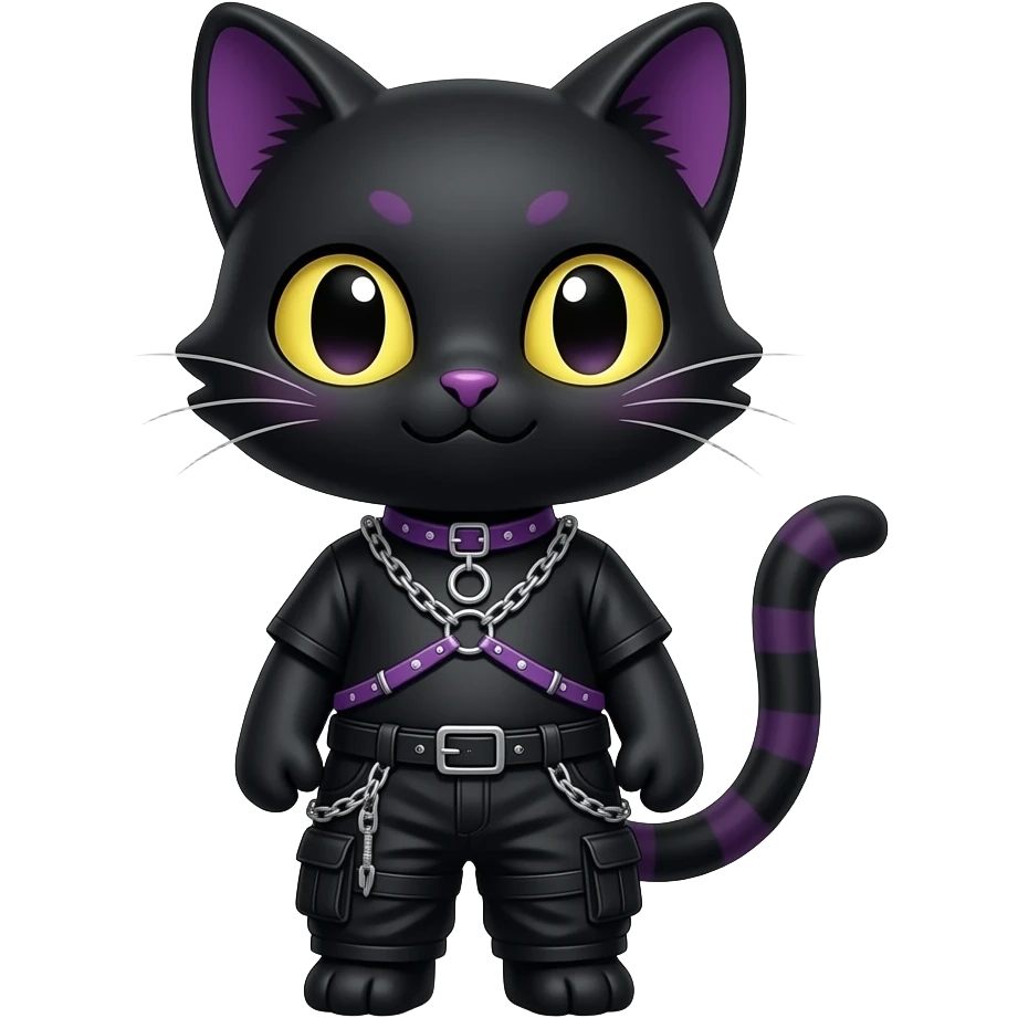 Gorgeous furry gothic dark techwear anime style anthro black cat furry sona Fakemon with blushing face aesthetic and pretty edgy black with violet collar and harness trending style chains cargo pants emoji