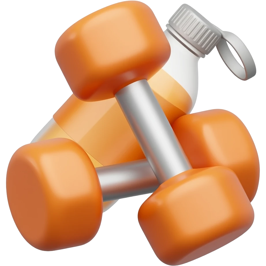 Um halter de academia pequeno e fofo, em estilo de emoji adesivo, apoiado em uma garrafinha de água laranja, com visual clean, delicado e moderno, estilo cartoon, fundo transparente, perfeito para stories, figurinhas e emoji personalizado. emoji