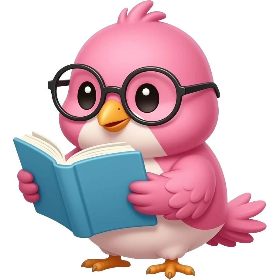 lovable small pink bird in a kawaii style wearing glasses and reading a book. the image must be a transparent .png emoji