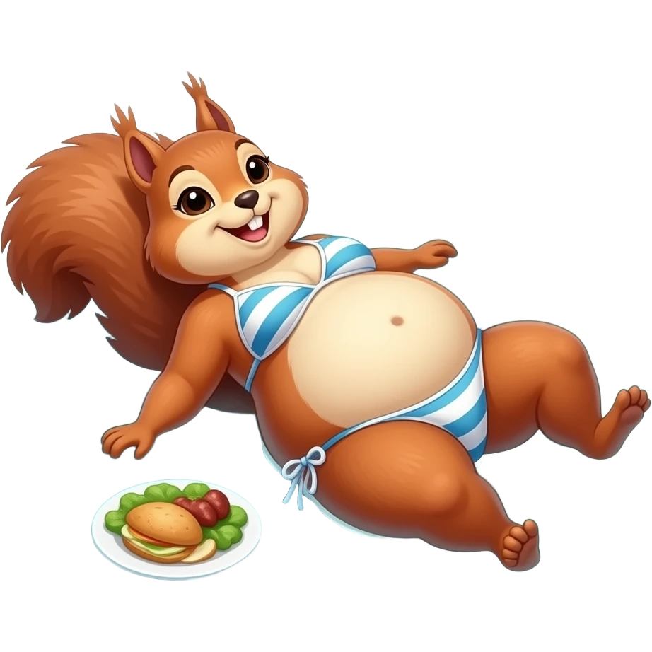 A female squirrel enjoys the beach holiday in her swimmers,but she is so full from a lunch break that she is about to burst,Then her fat Tummy rolls & drops out,she will just lay on her back in the shallow cool water,her gluttonous belly promotes a good resort business. emoji