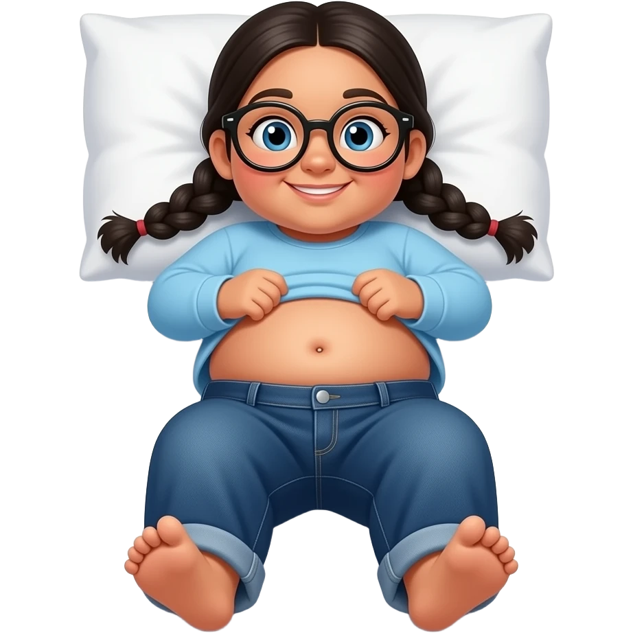 Obese Hispanic little girl with black unbraided pigtails and blue eyes rounded black glasses plain light blue long sleeve shirt and dark blue baggy jeans and belly button laying down on her pillow on her bed showing her feet lifting her shirt all the way up emoji