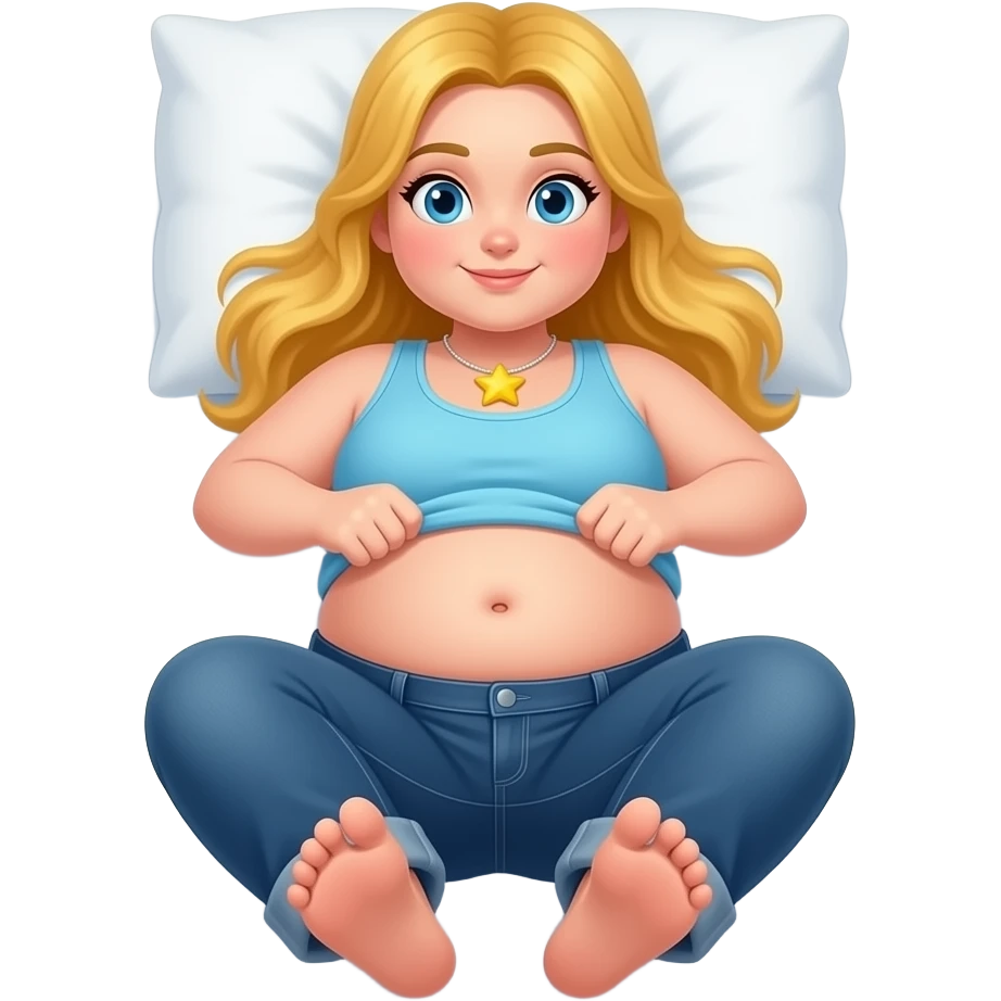 Chubby white girl blue eyes yellow long hair light blue tank top yellow star necklace dark blue plain jeans showing her feet lifting her tank top up to show chubby belly button laying down on her pillow in bed to show feet emoji