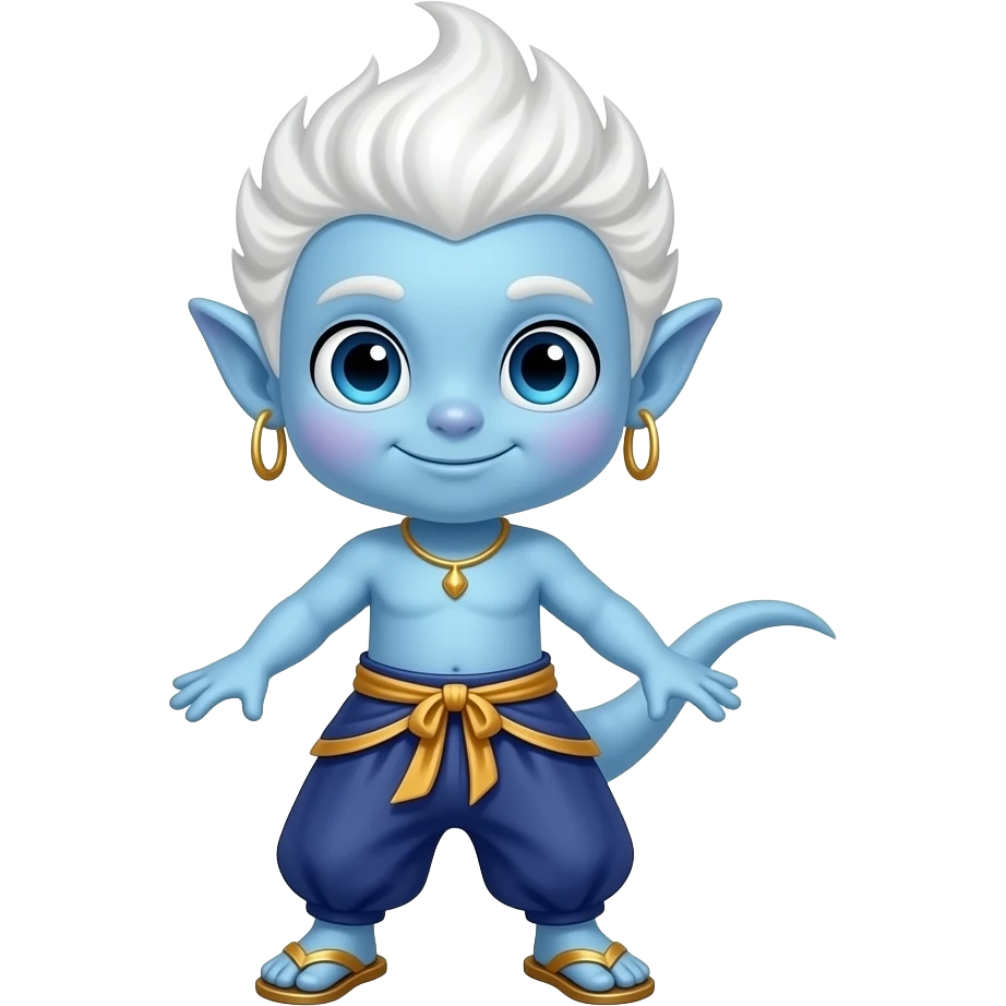 A tiny male wind-djinn mascot, classic chibi style, with hair that looks like a miniature, spinning white tornado. He wears baggy harem pants and golden pointed slippers. His skin tone is translucent sky-blue. emoji