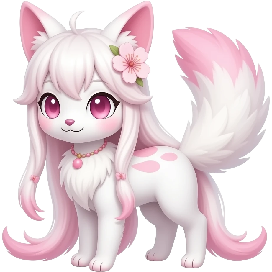White sakura floral Fuzzy slim oriental feathery long-haired beaded mane cozy rosy aesthetic feathery Rosy beautiful Sylveon-Furret-Fennekin-Minccino-Espeon-Fakémon-hybrid emoji