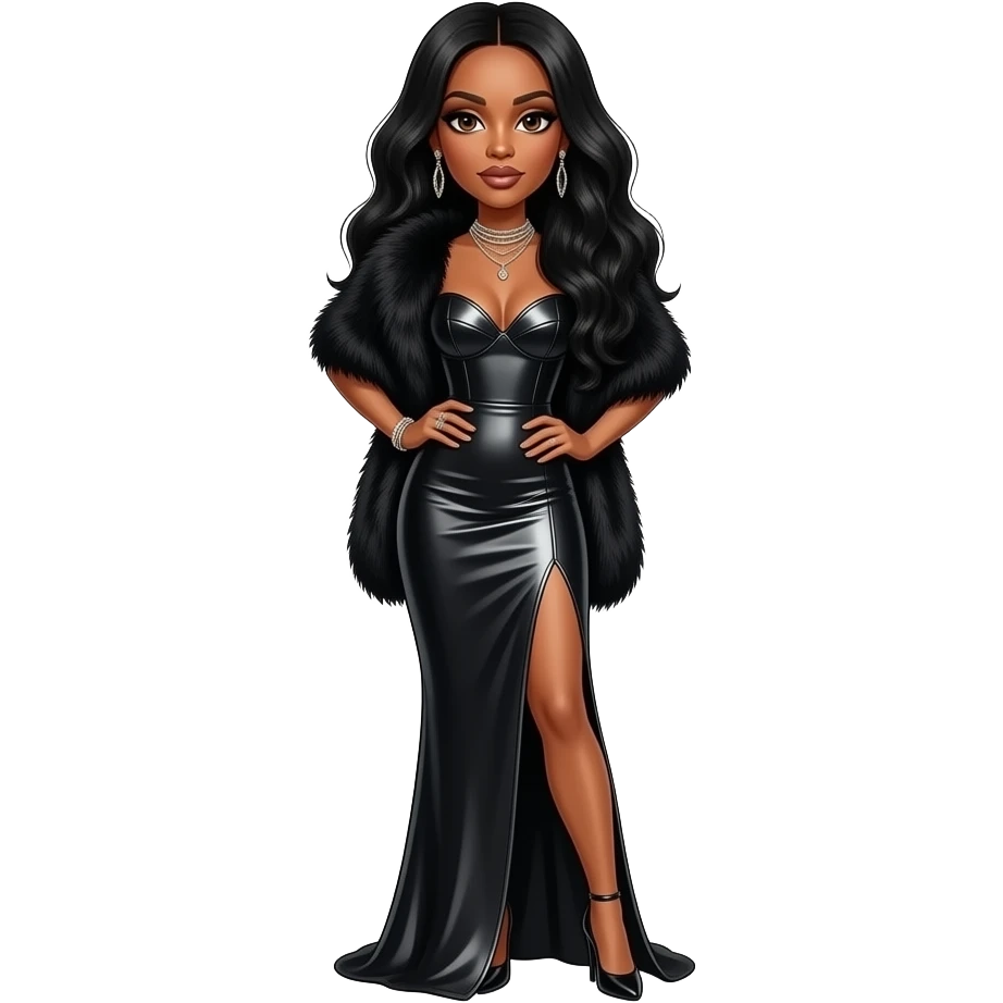 Aaliyah with dark brown eyes, long black hair, black fur shawl, black metallic long dress, black high heels emoji