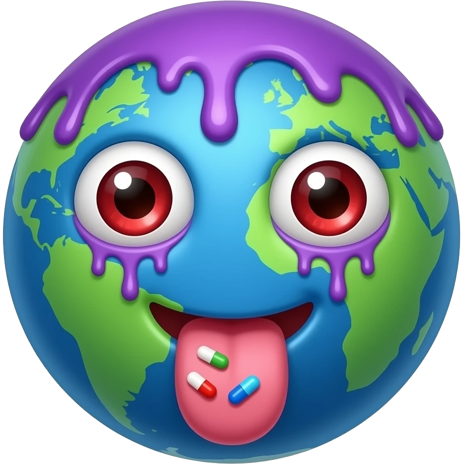 The earth with low bloodshot eyes, purple goo dripping on top and it's tongue stuck out, pills on the tongue emoji