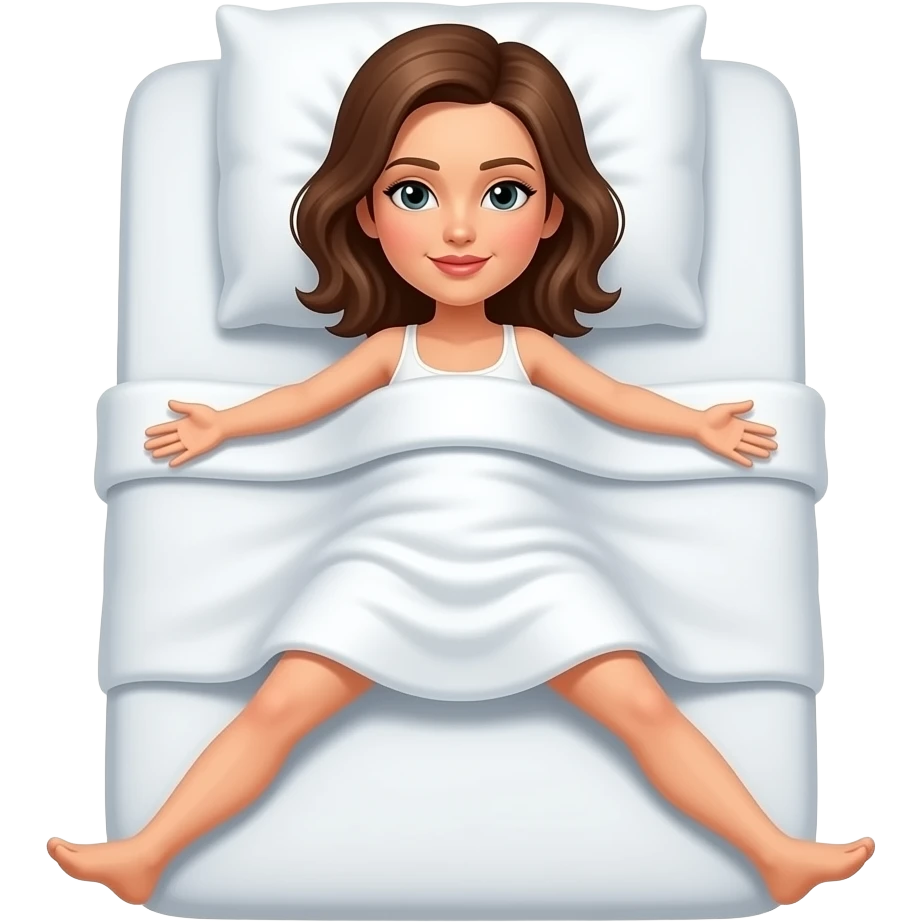 woman with brown hair laying on bed with legs spread wide, no blankets emoji