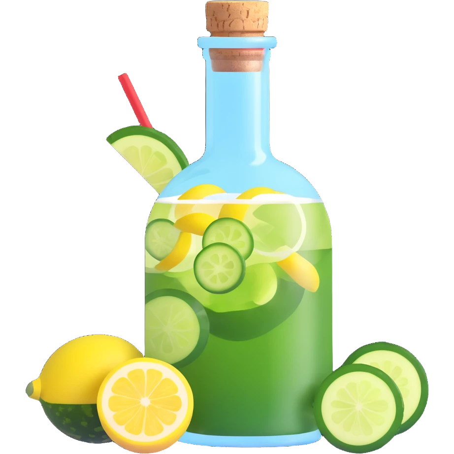 stylish 3D cocktail in a round bottle with a very small neck and cork, liquid color #6fdef1, inside cucumber slices, lemon slices, and ice cubes, realistic, colorful, visually stunning emoji
