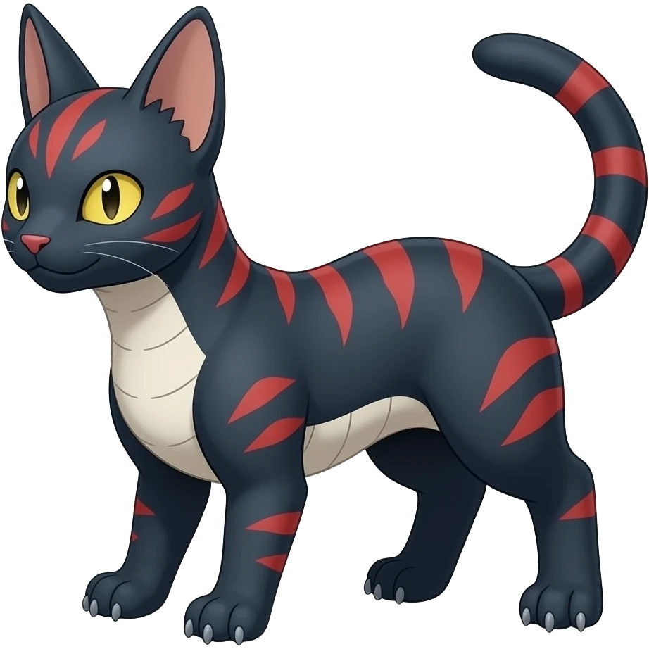midnight blue-gray-black, with red markings, white belly, scaley Bastet-Noibat-Digimon-Fakémon-Pokémon-creature (full body) emoji