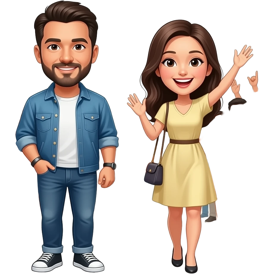 A bearded celebrity man in cool street clothes and Asian celebrity woman being being cheered by a crowd in the street emoji