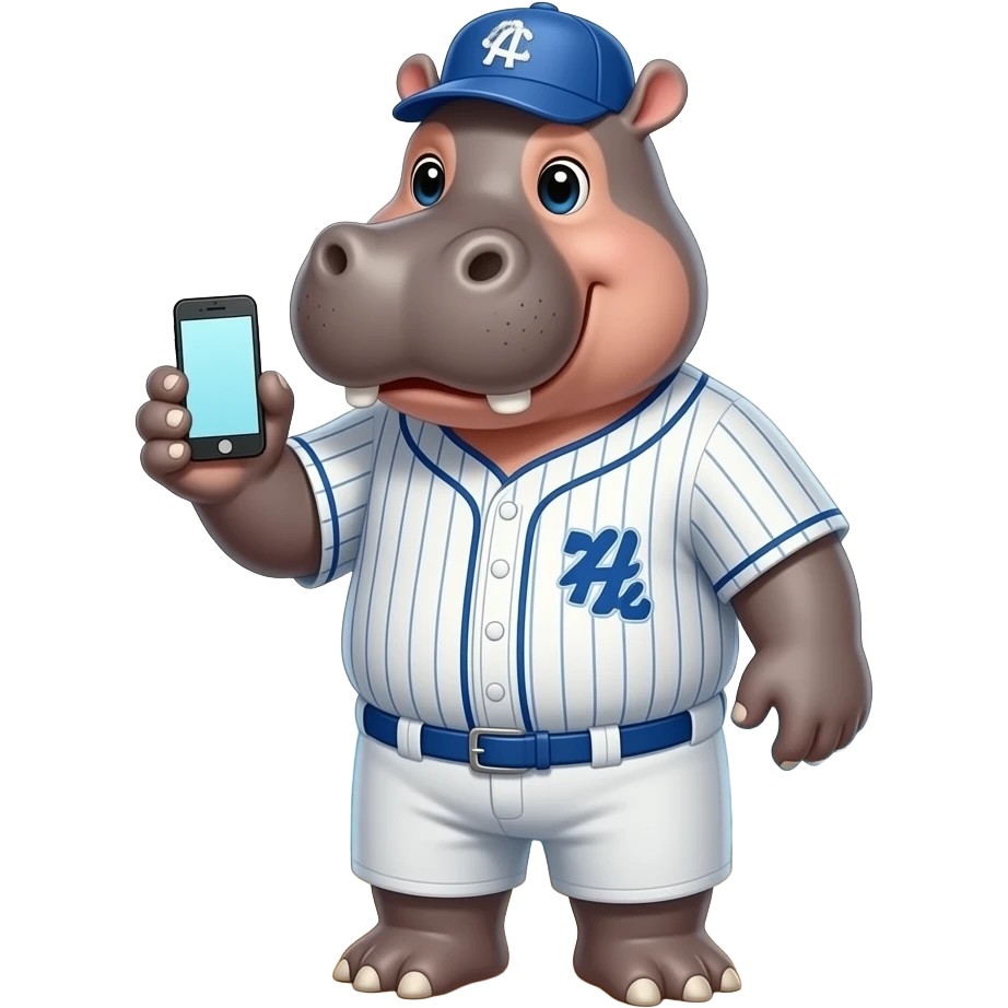 hippopotamus wearing baseball ll jersey playing cellphone in beach emoji