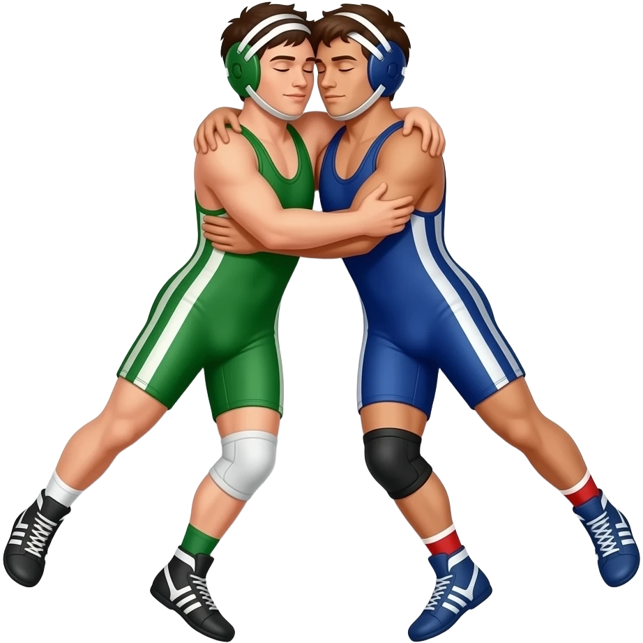 Erstelle ein Bild von zwei Wrestler in kurzen, knappen und engen Wrestler-suits, die beiden haben unterschiedlich Farben an (Grün und blau) und sie ringen liegend eng umschlungen miteinander auf dem Boden emoji