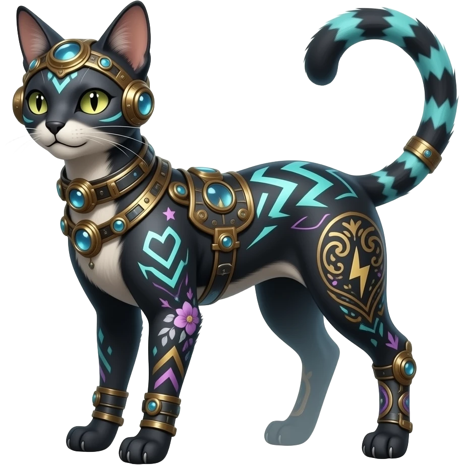 scaly spunky gothic Realistic tall slim unique original shiny edgy cool steampunk-cyberpunk-solarpunk-fantasy-Civet-Absol-Sprigatito-Vaporeon-Fakémon-hybrid with tribal chevron heart floral lightning bolt strikes damask paisley markings emoji