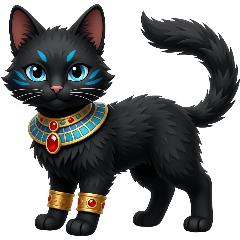 Realistic furry fuzzy Black godly overpowered ethereal majestic oriental ancient Lykoi-Caracal-Cat-Fakemon. With gold bangles, red rubies, Egyptian blue eye corner markings makeup, long thin tufted tail, long tufted ears emoji