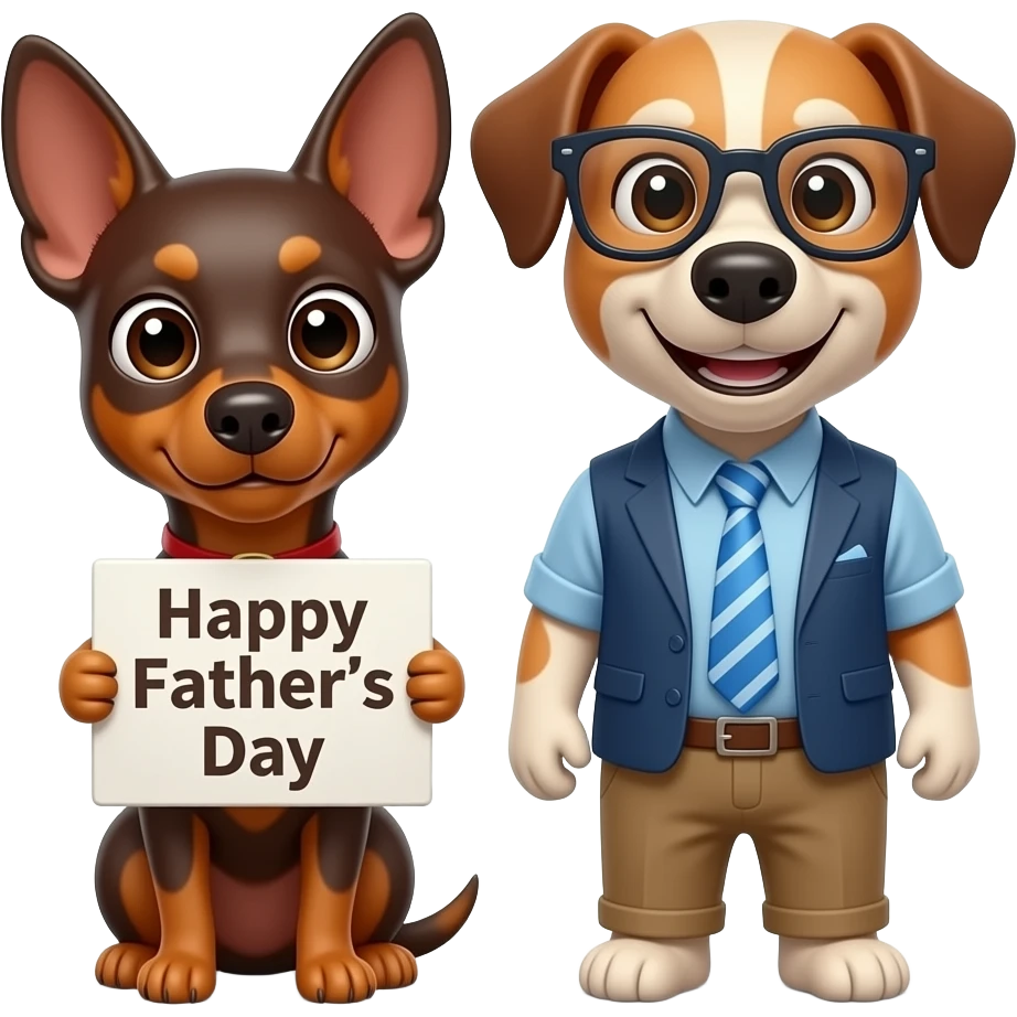 A miniature pincher holding a sign that says “happy Father’s Day” and his dad is happy his dad is a dog wearing glasses emoji