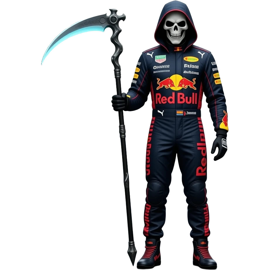 Max Verstappen as a Grim Reaper in a Red Bull Racing suit, holding a glowing scythe, standing on a dark F1 track, cinematic lighting, ultra-realistic, dark and powerful vibe, 4K emoji