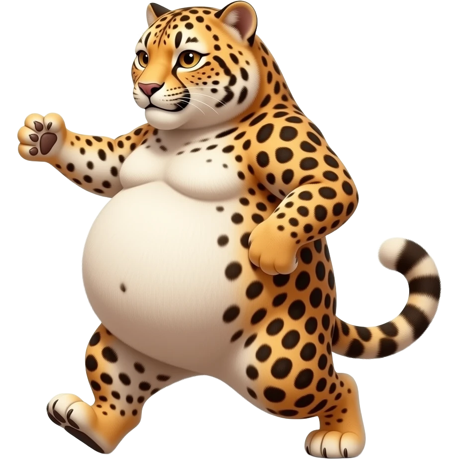 A strolling fat pot-belly cheetah,while being cheeky with her twerking butt,Her giant bulging sleek tummy is forever swinging & swaying sideways,she is so full that she wobbles,she is waddling from a big heavy belly,that cheetah ate way too much. emoji